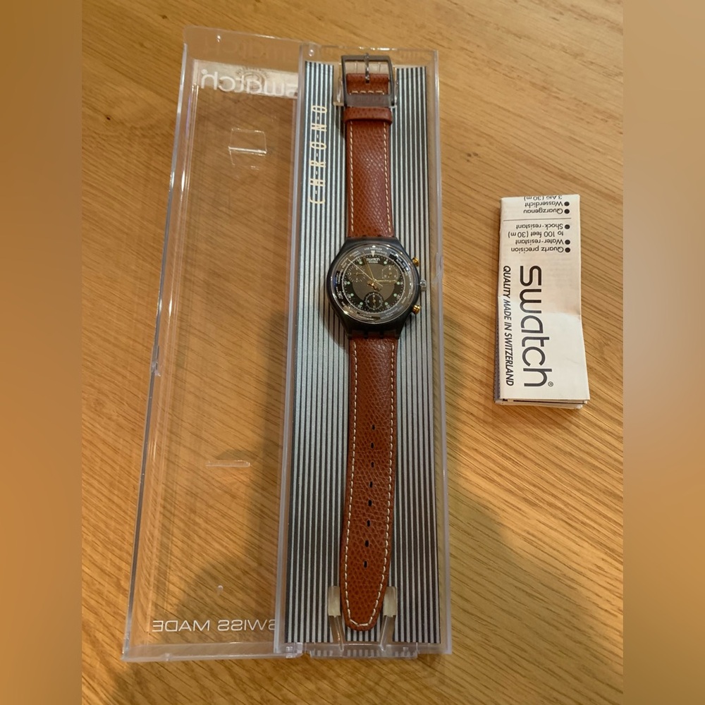 Vintage 1992 New in Box Swatch Chrono – Brown Leather Strap